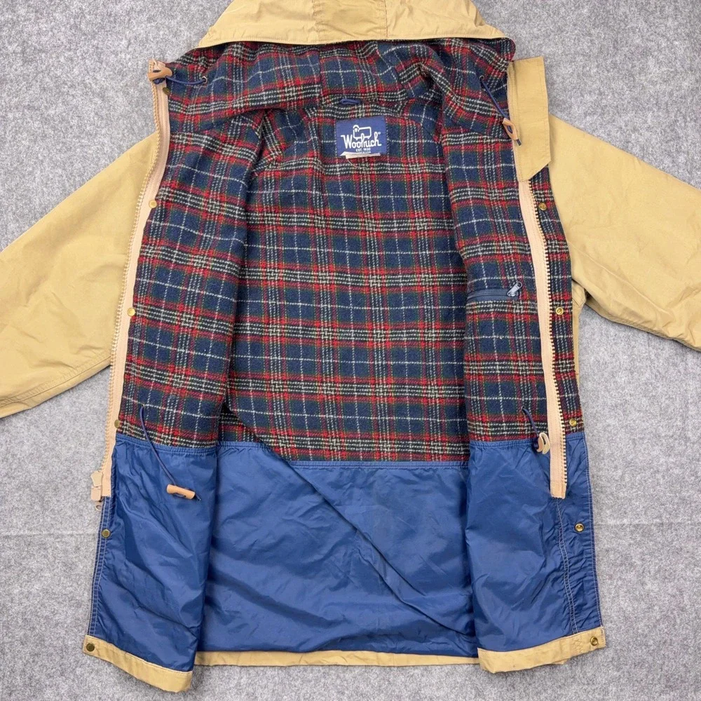 VTG Woolrich Jacket Mens Medium Tan Mountain Parka Wool Plaid Lined USA Made